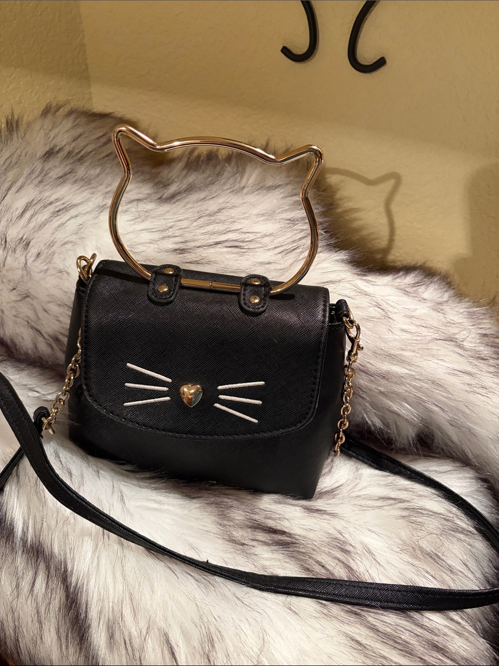 Black Cat-Ear Top Handle Crossbody Bag - Cute Whisker Accent